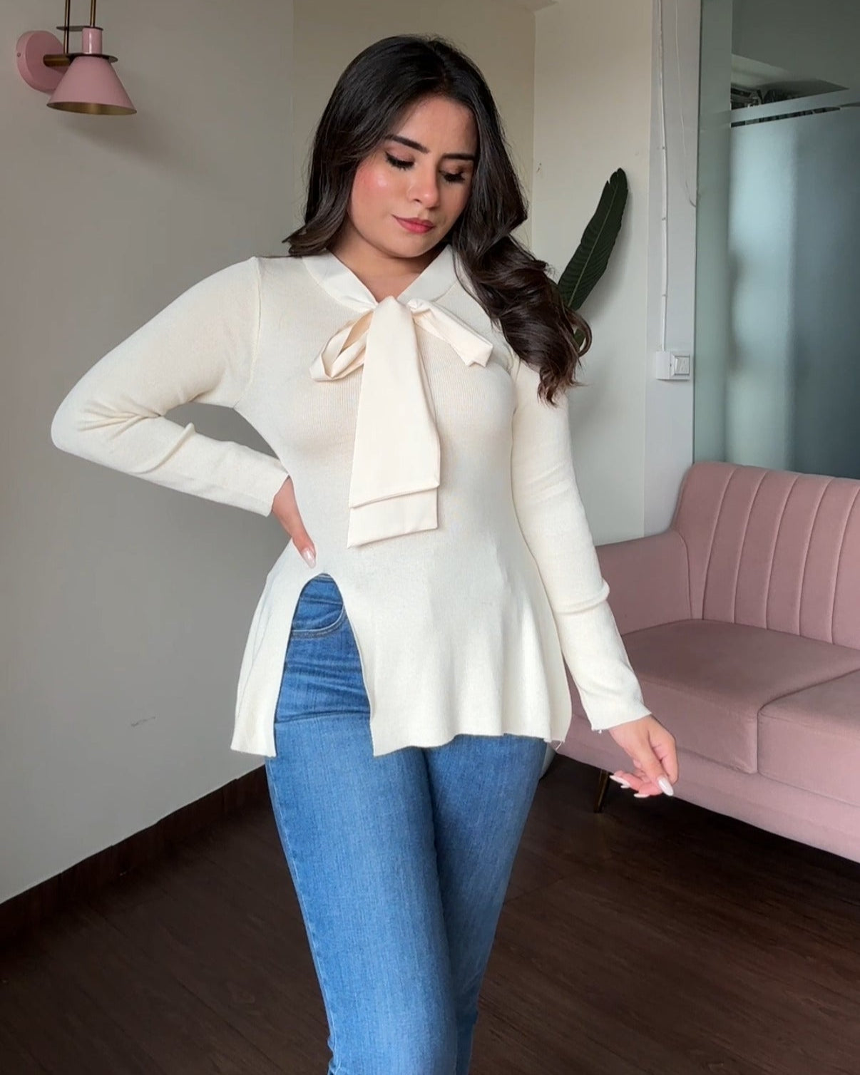 Full Sleeve Korean Knot Detailing Top With Slit