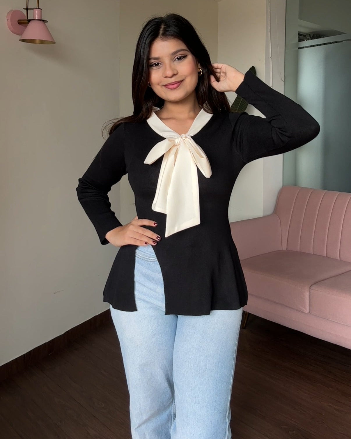 Full Sleeve Korean Knot Detailing Top With Slit