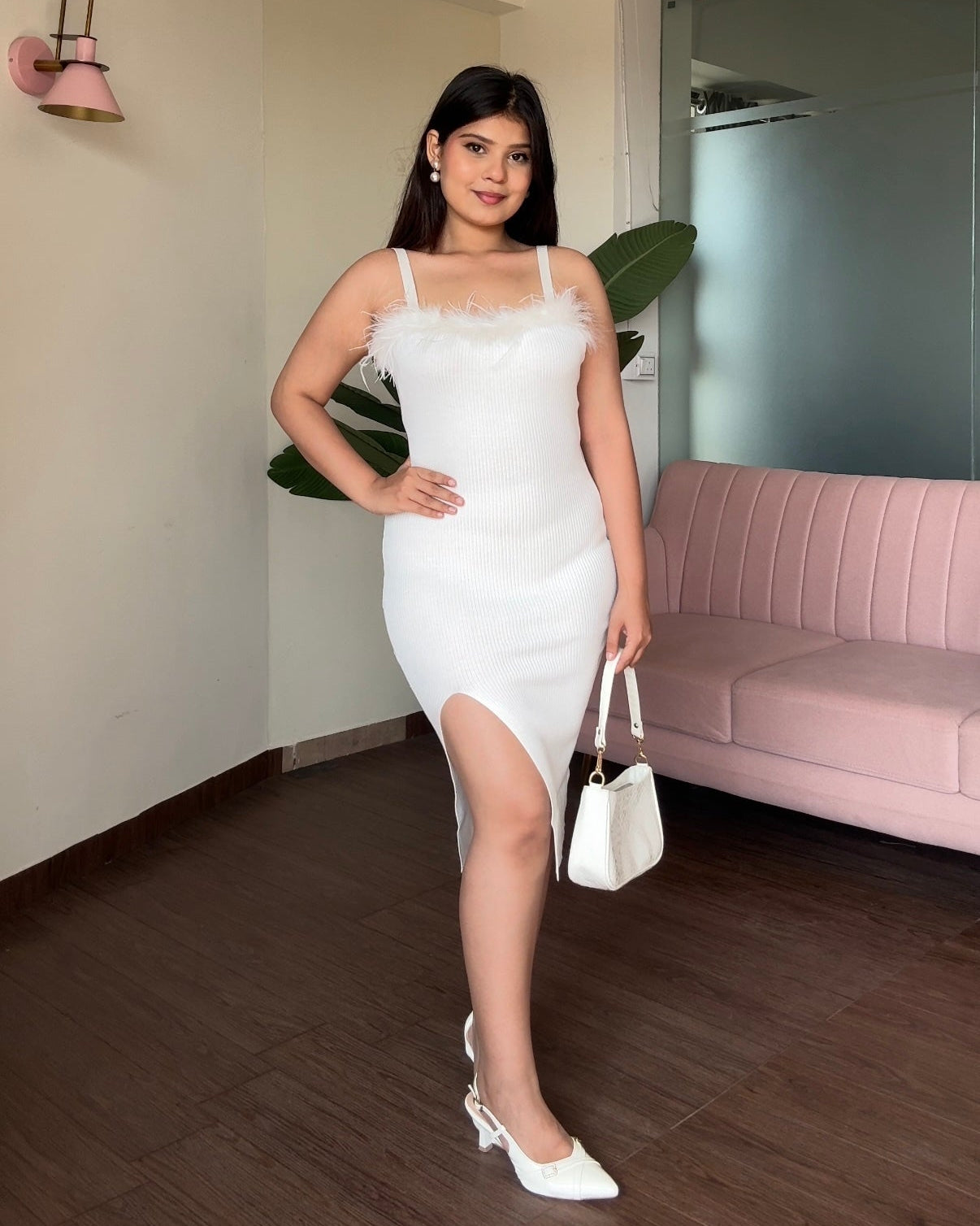 Fur Detailing Bodycon Dress With Slit