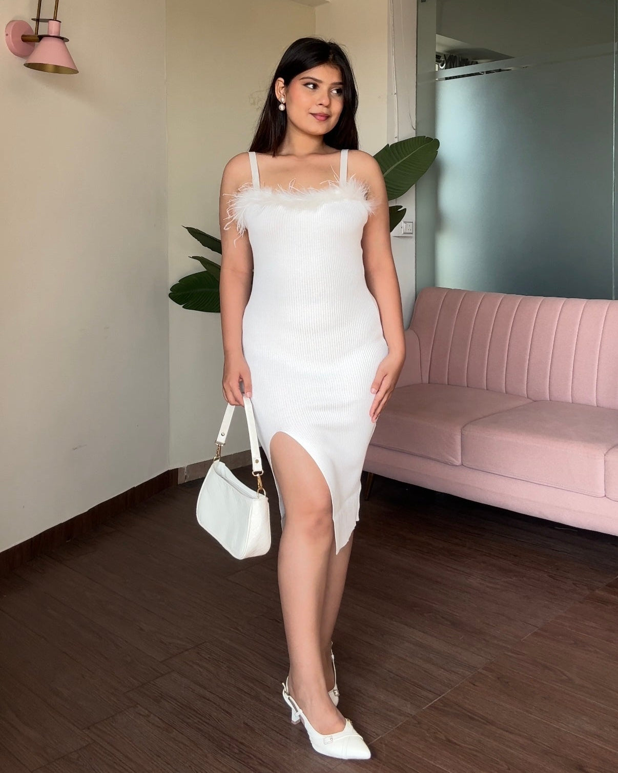 Fur Detailing Bodycon Dress With Slit