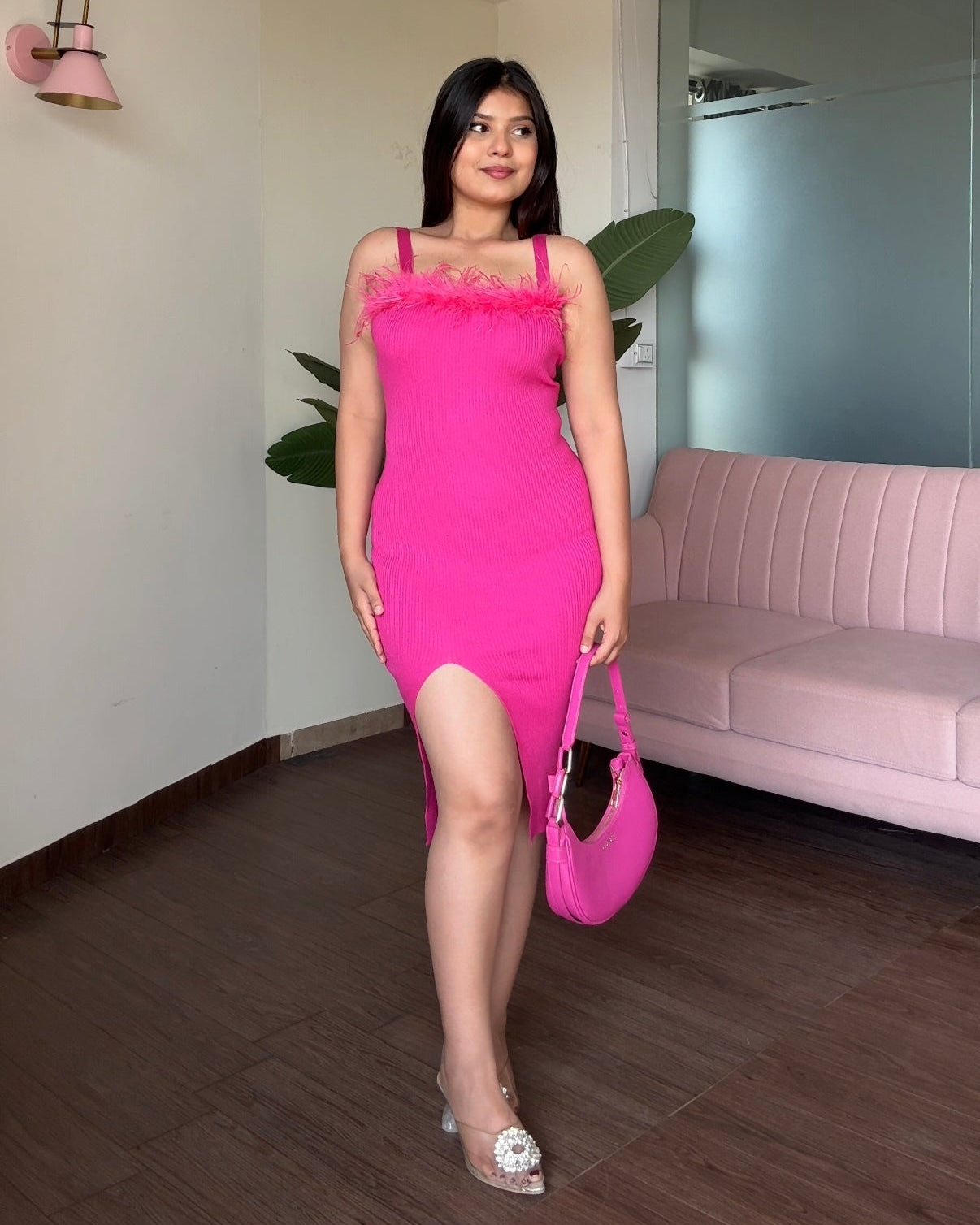Fur Detailing Bodycon Dress With Slit