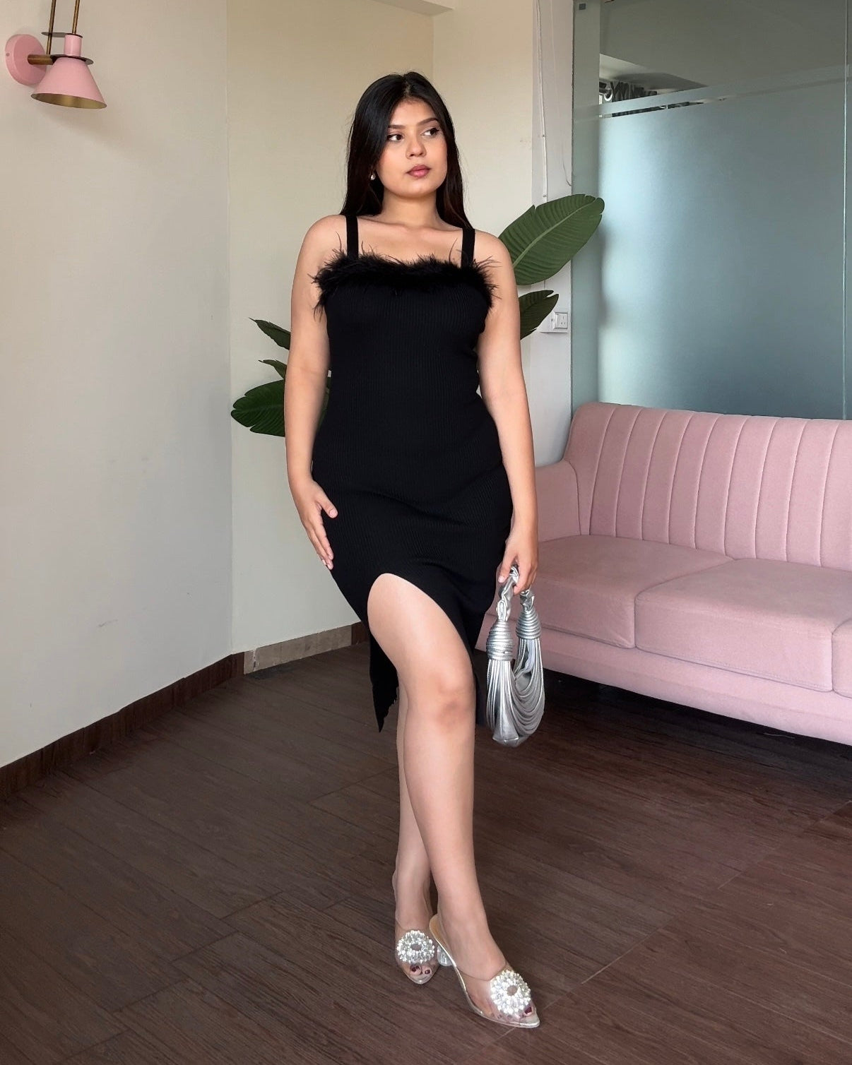 Fur Detailing Bodycon Dress With Slit