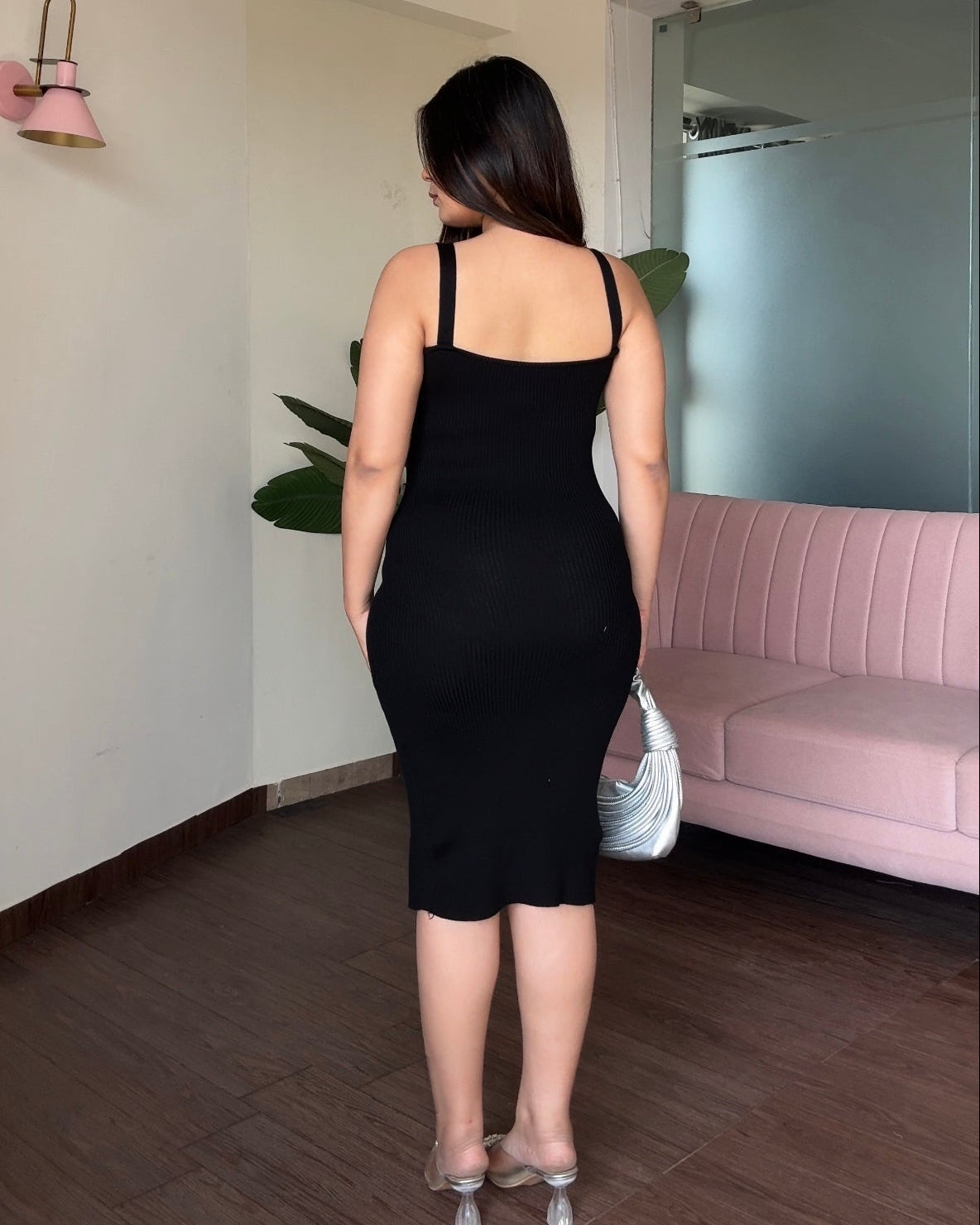 Fur Detailing Bodycon Dress With Slit