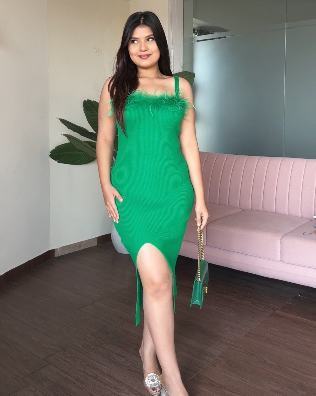 Fur Detailing Bodycon Dress With Slit
