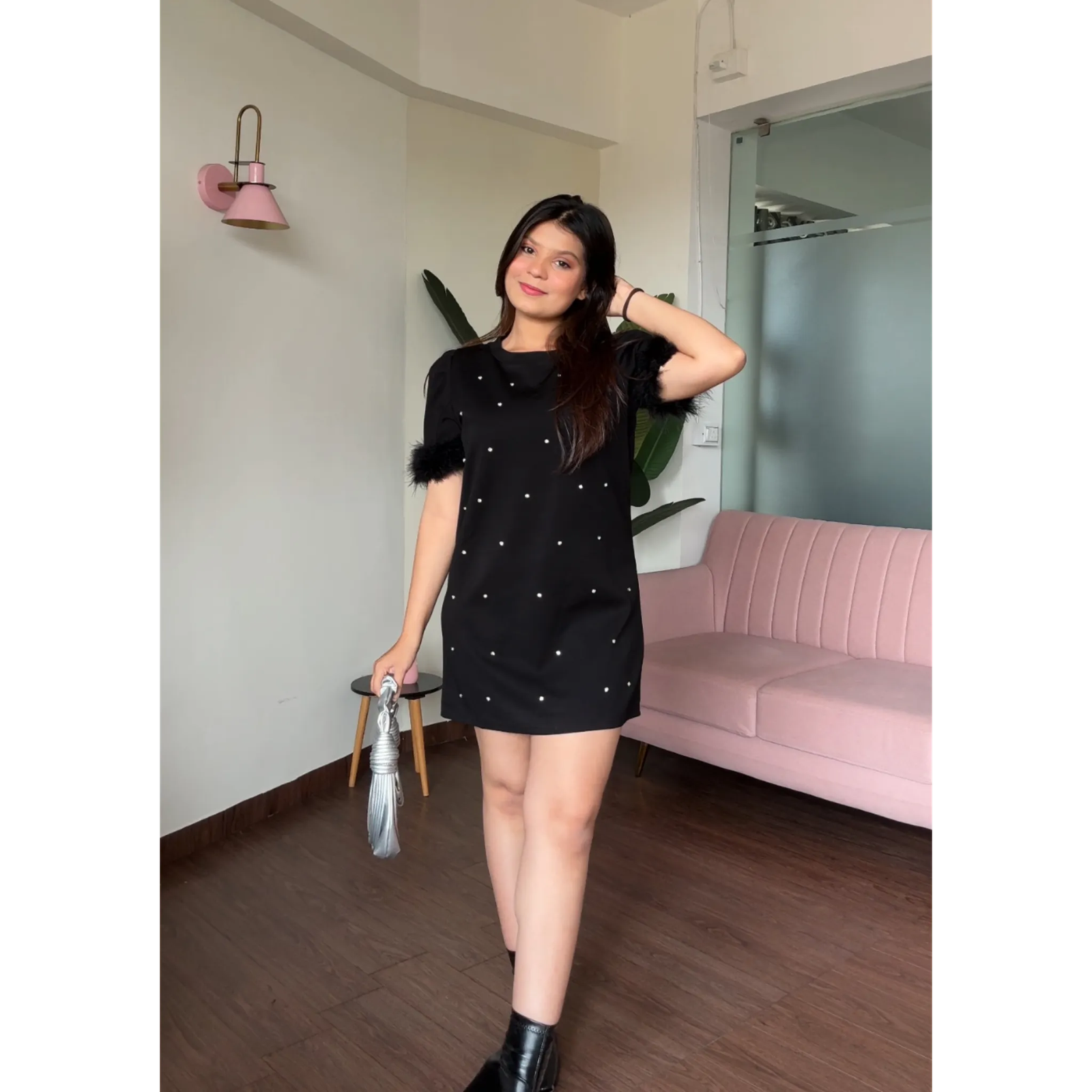 Fur Detailing Rhinestone Studded Puff Sleeves T–Shirt Dress