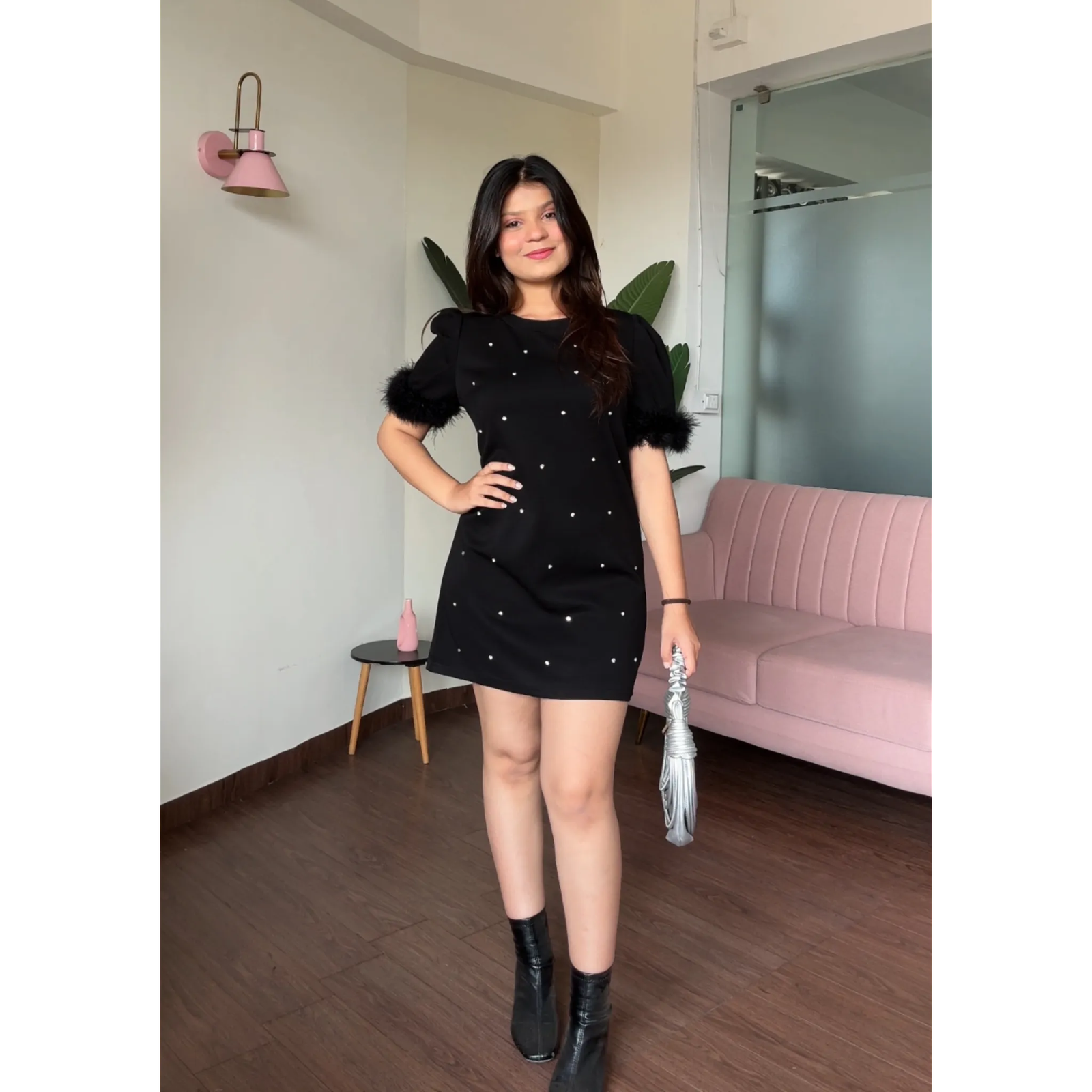 Fur Detailing Rhinestone Studded Puff Sleeves T–Shirt Dress