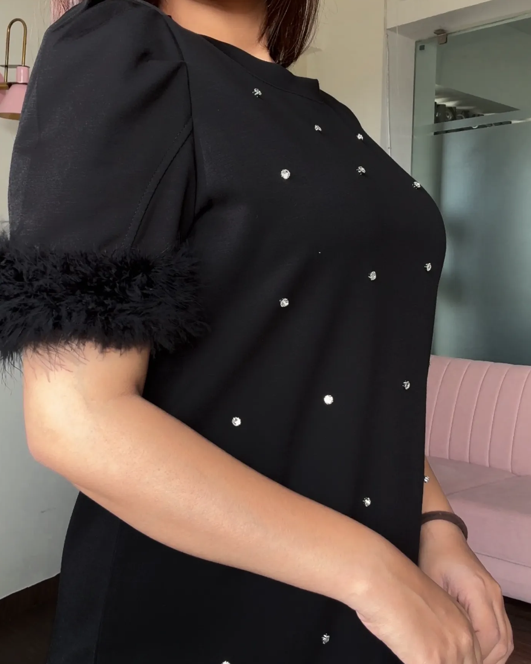 Fur Detailing Rhinestone Studded Puff Sleeves T–Shirt Dress