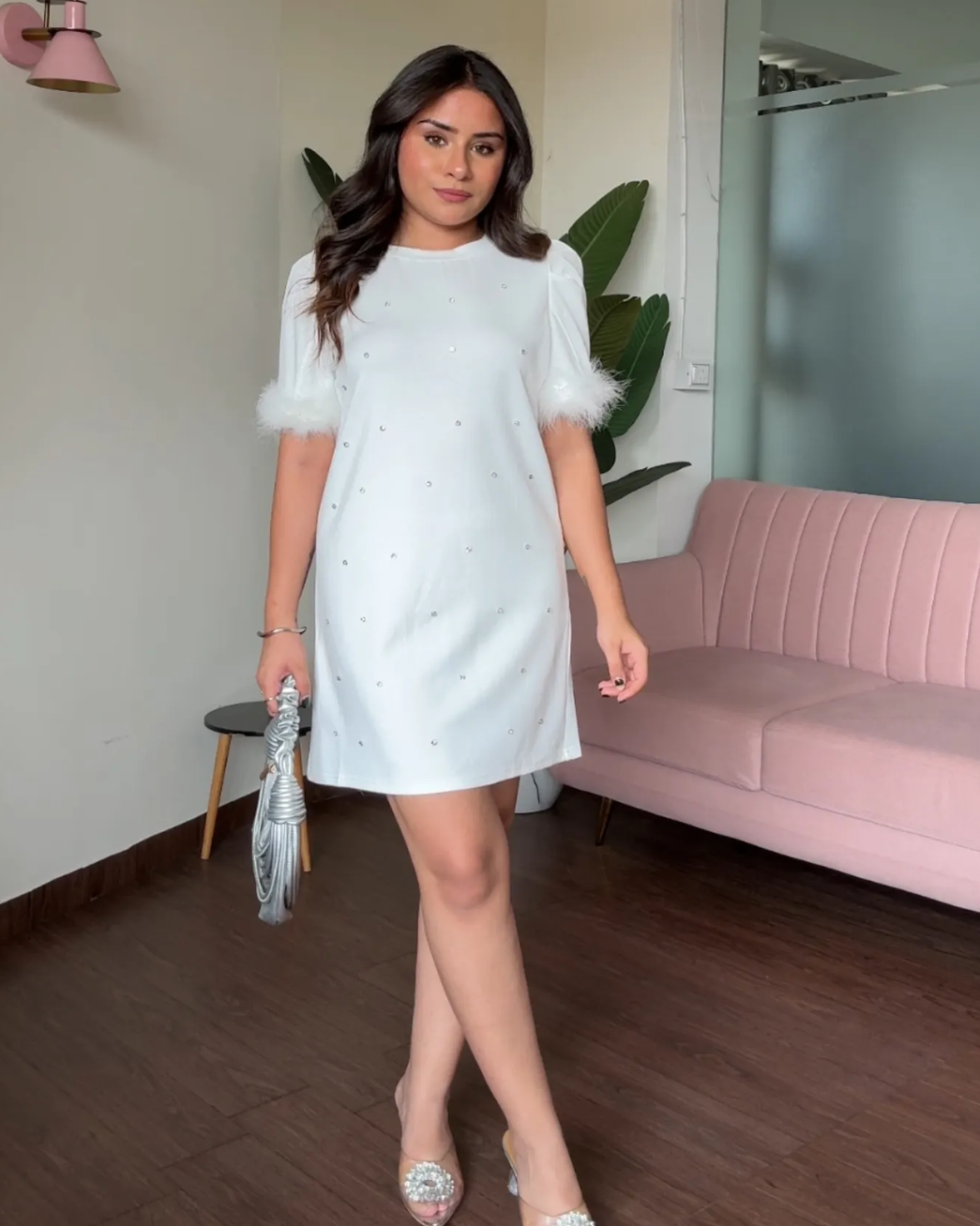 Fur Detailing Rhinestone Studded Puff Sleeves T–Shirt Dress