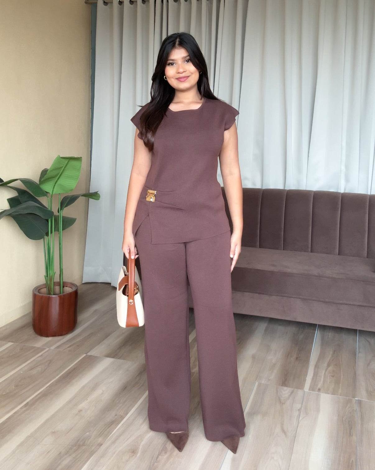Golden Buckle Detailing Cut Sleeve Knitted Co-ord Set