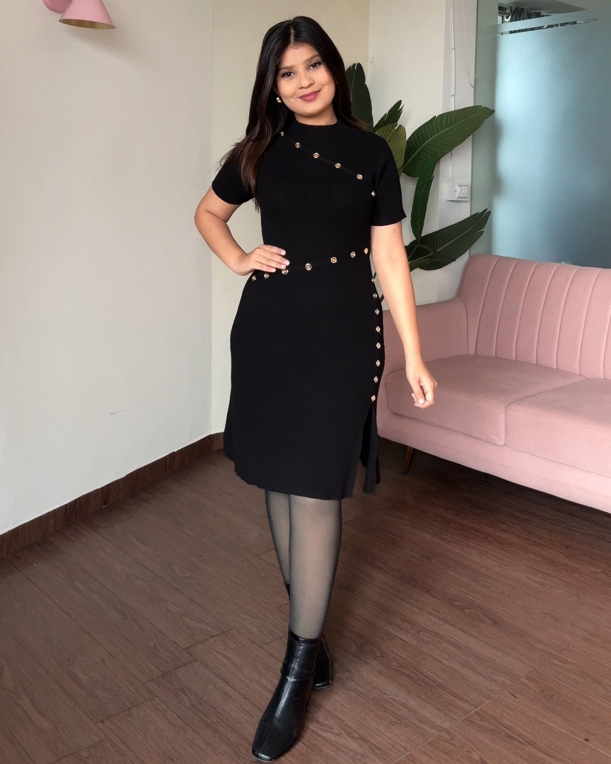 Golden Button Detailing Bodycon Mini Dress