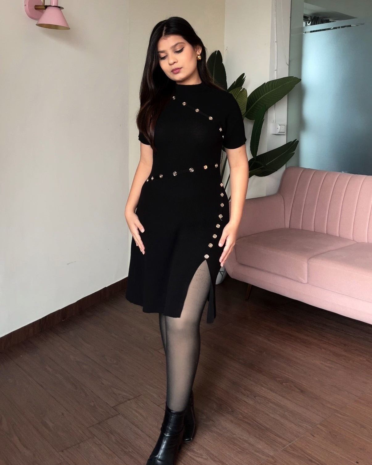 Golden Button Detailing Bodycon Mini Dress