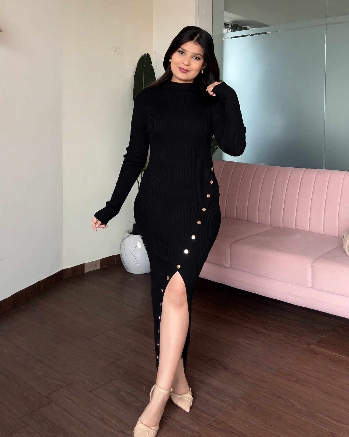 Golden Button Slit Detailing High Neck Midi Dress