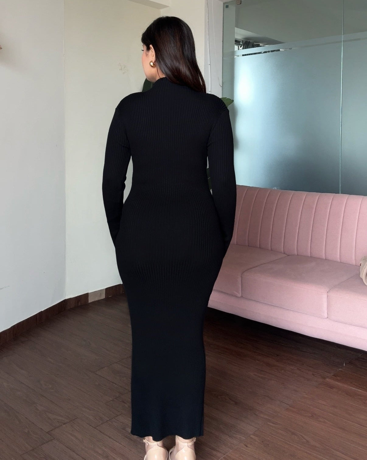 Golden Button Slit Detailing High Neck Midi Dress