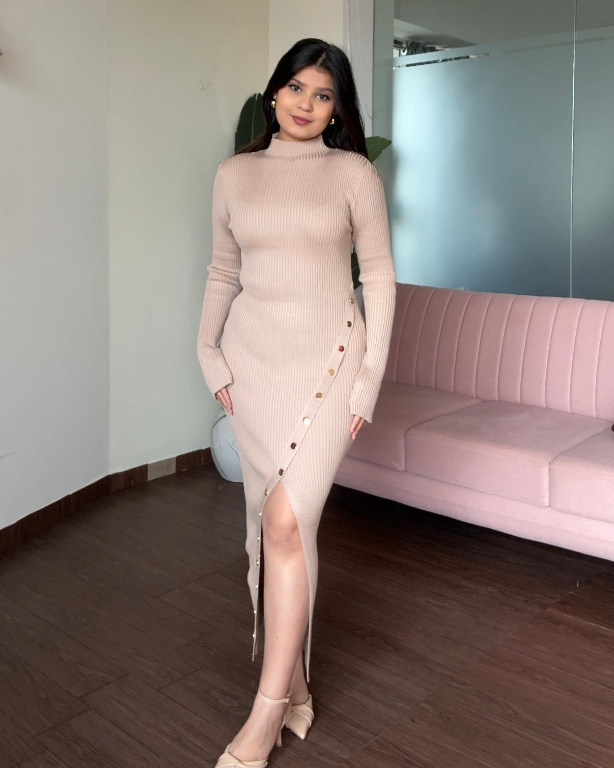 Golden Button Slit Detailing High Neck Midi Dress