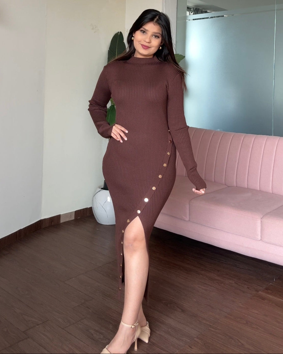 Golden Button Slit Detailing High Neck Midi Dress