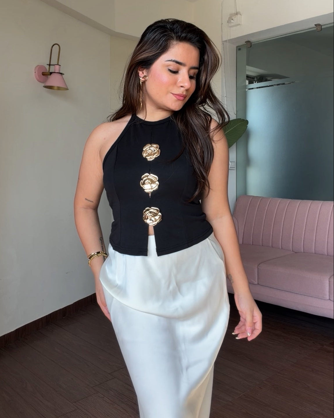Golden Flower Detailing Halter Neck Top