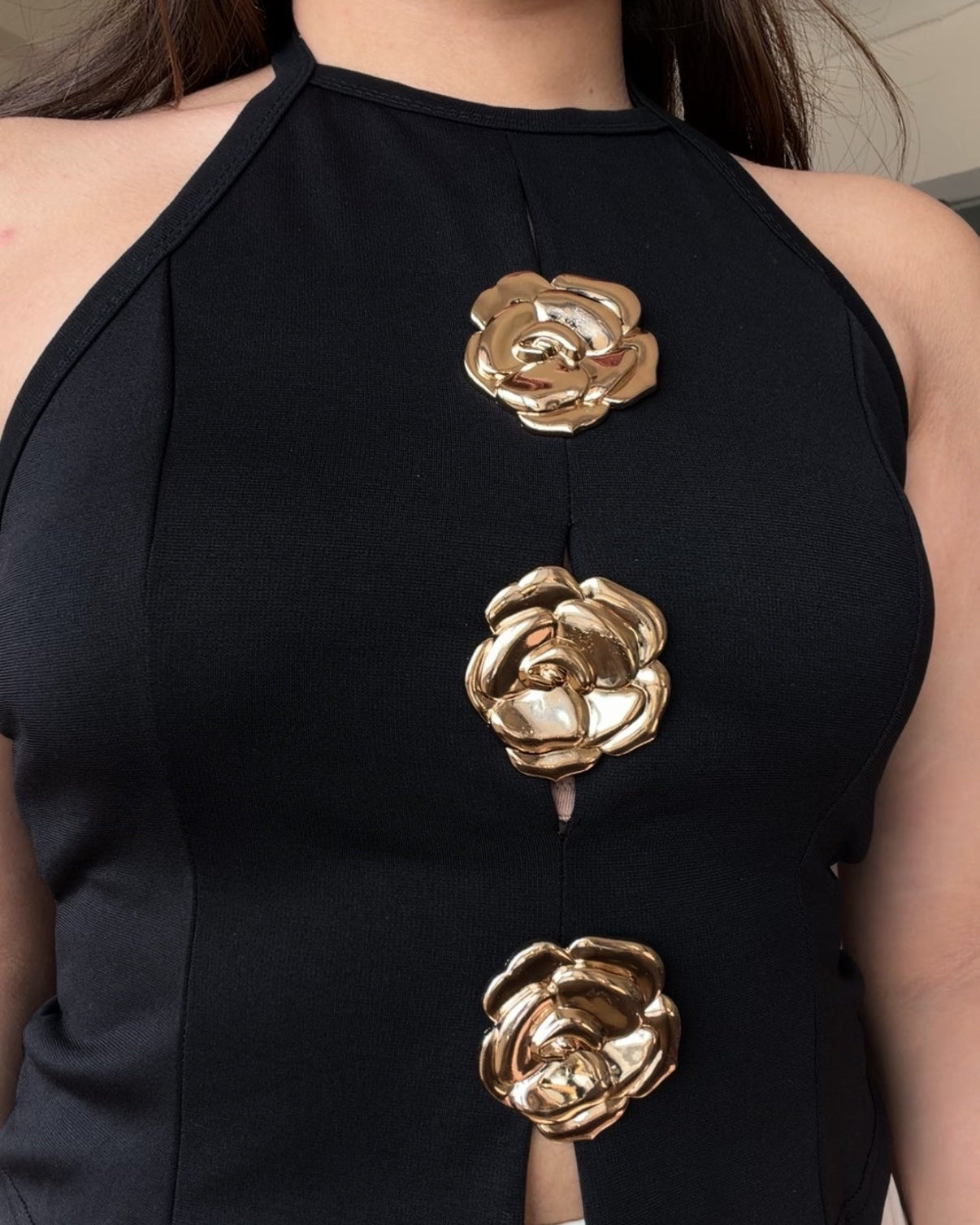 Golden Flower Detailing Halter Neck Top