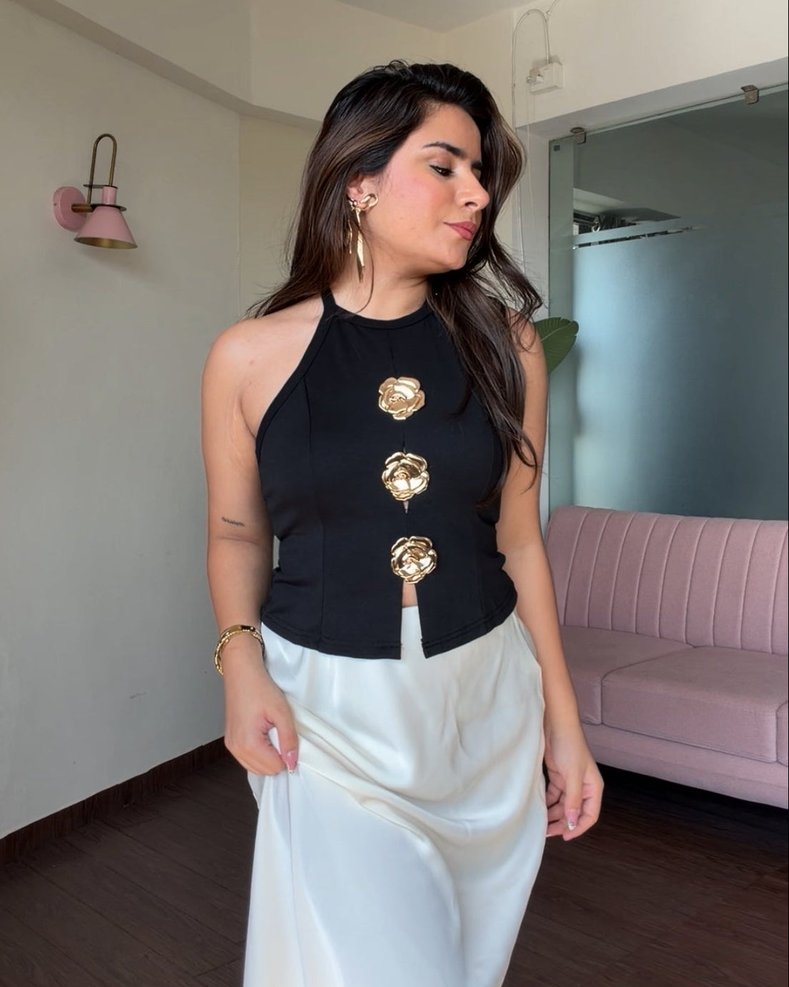 Golden Flower Detailing Halter Neck Top