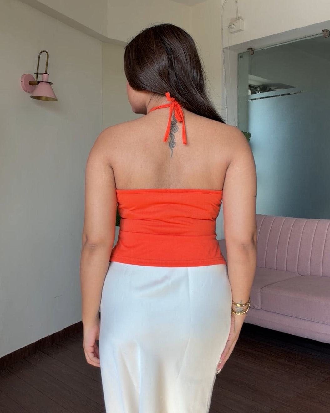 Golden Flower Detailing Halter Neck Top