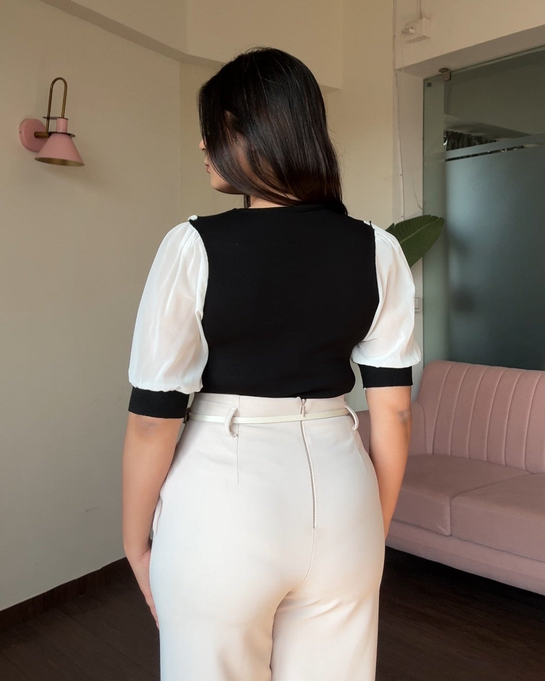 Half Sleeve Sheer Contrast Collar Top
