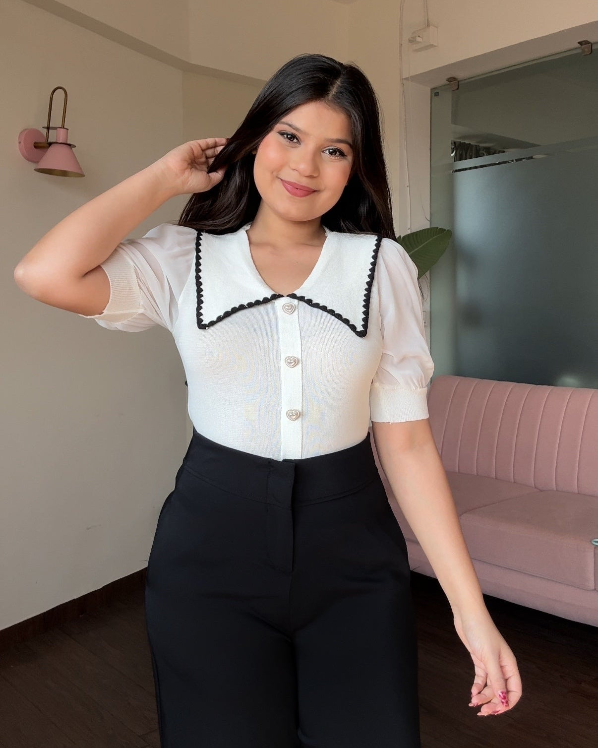 Half Sleeve Sheer Contrast Collar Top