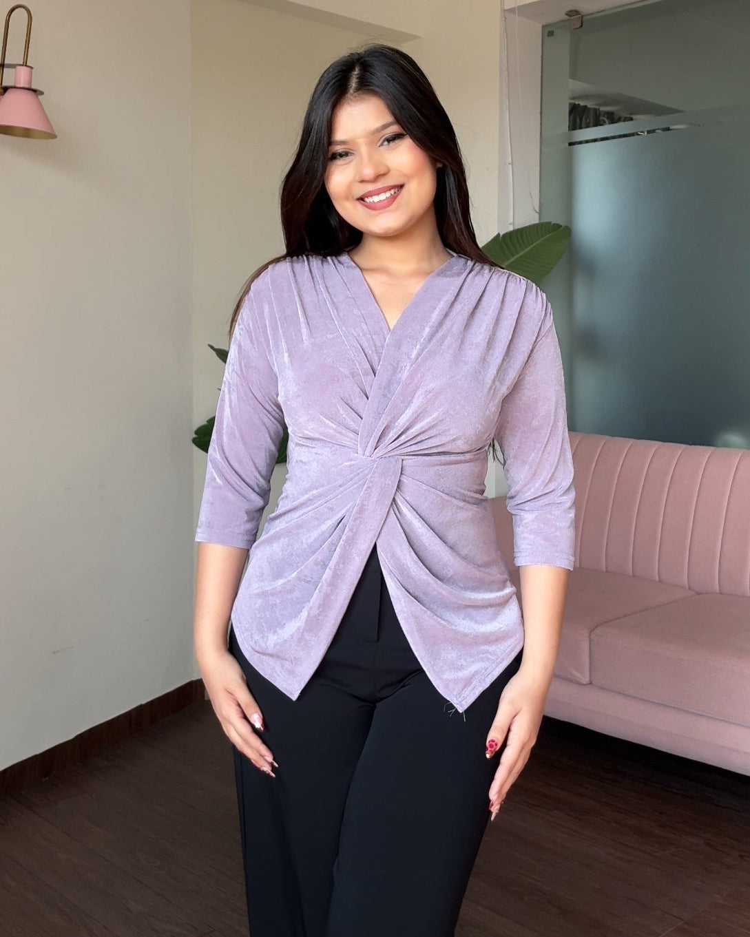 Half Sleeve Twist Knot V Neck Top
