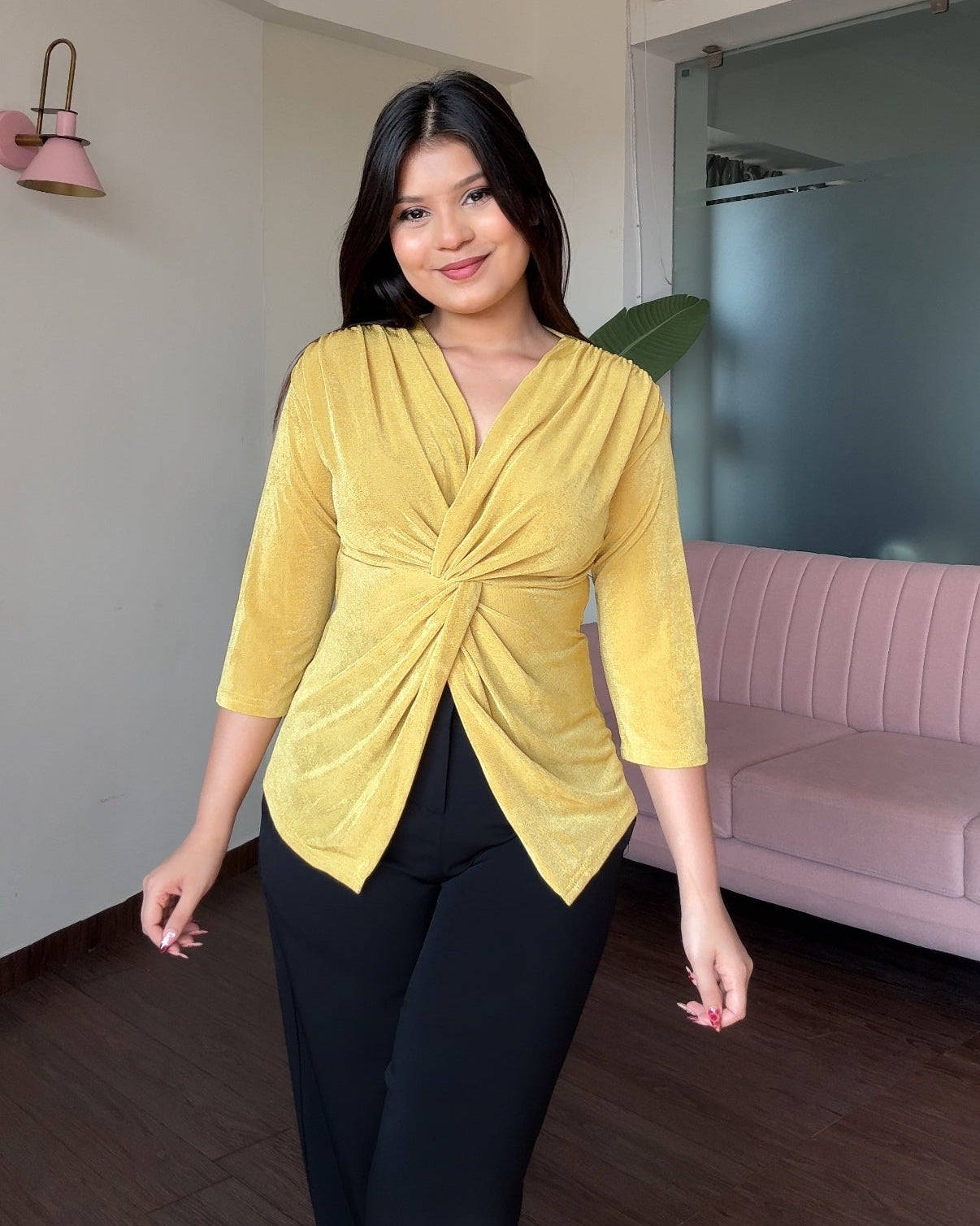 Half Sleeve Twist Knot V Neck Top
