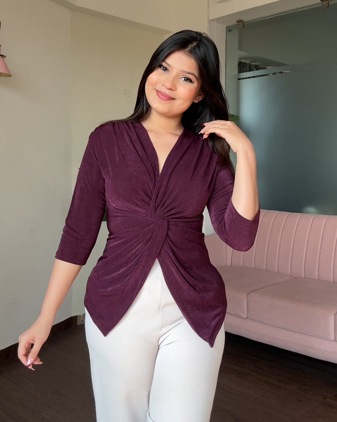 Half Sleeve Twist Knot V Neck Top
