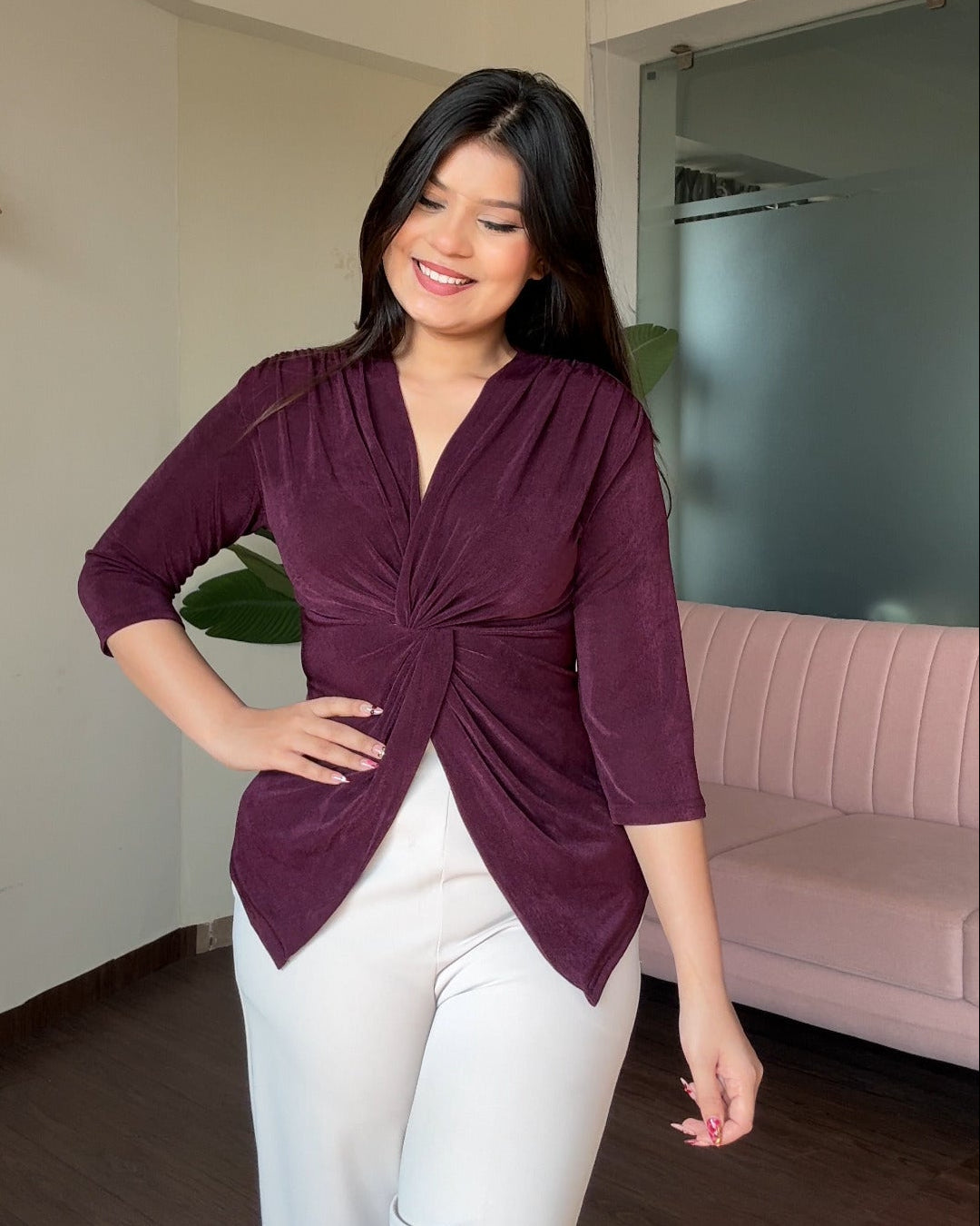Half Sleeve Twist Knot V Neck Top