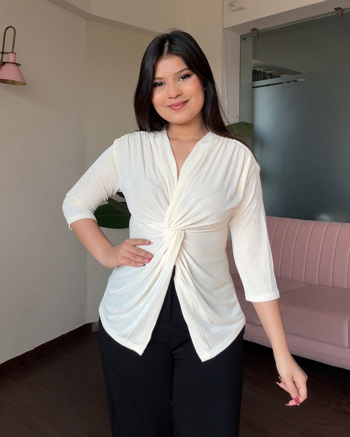 Half Sleeve Twist Knot V Neck Top