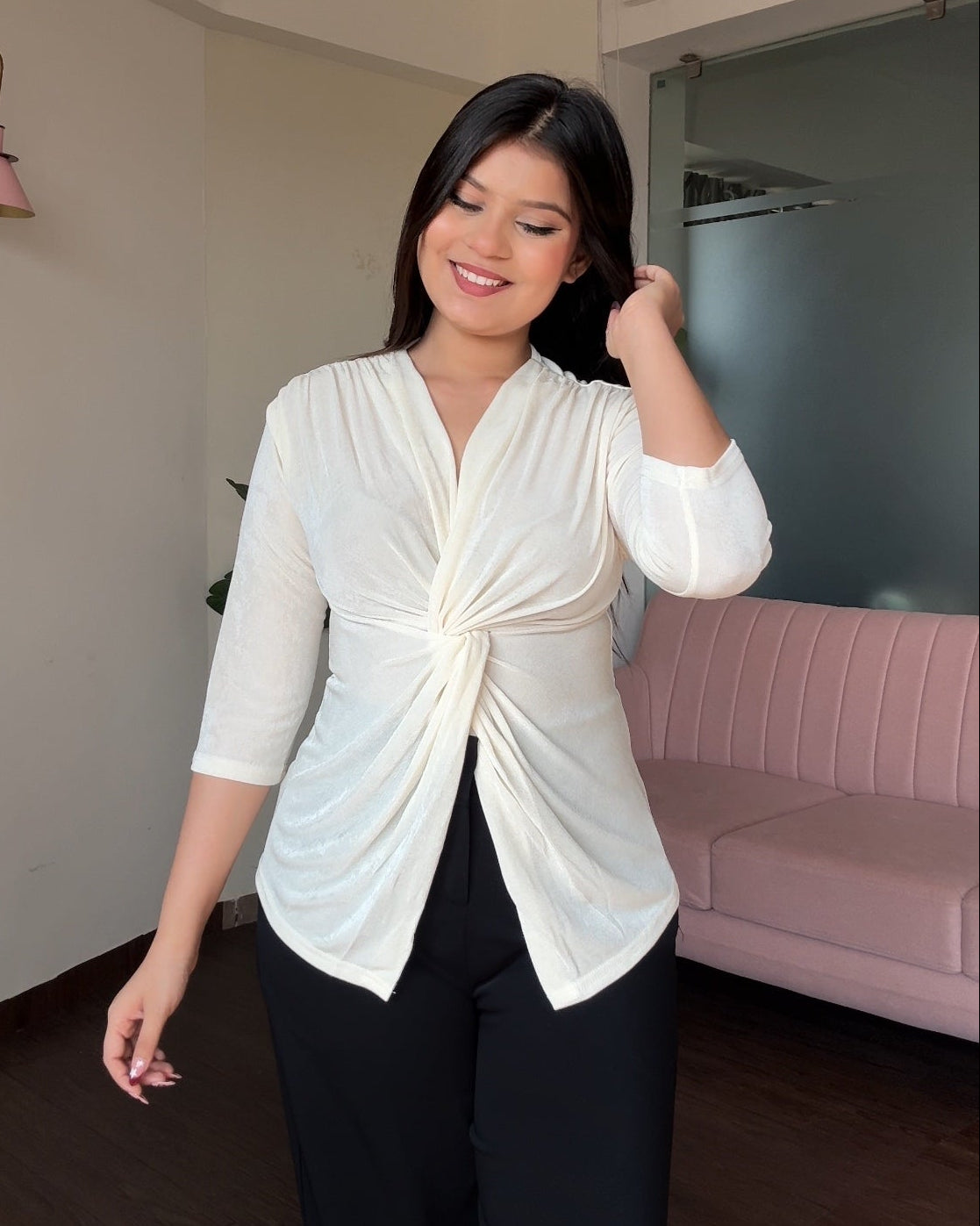 Half Sleeve Twist Knot V Neck Top