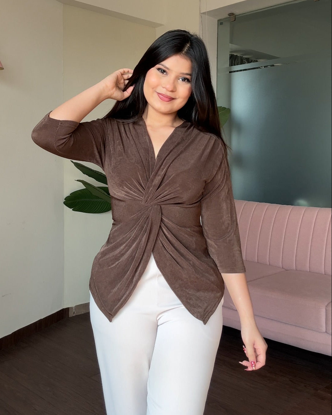 Half Sleeve Twist Knot V Neck Top