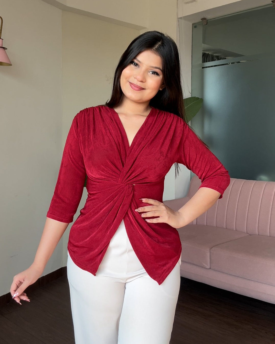 Half Sleeve Twist Knot V Neck Top