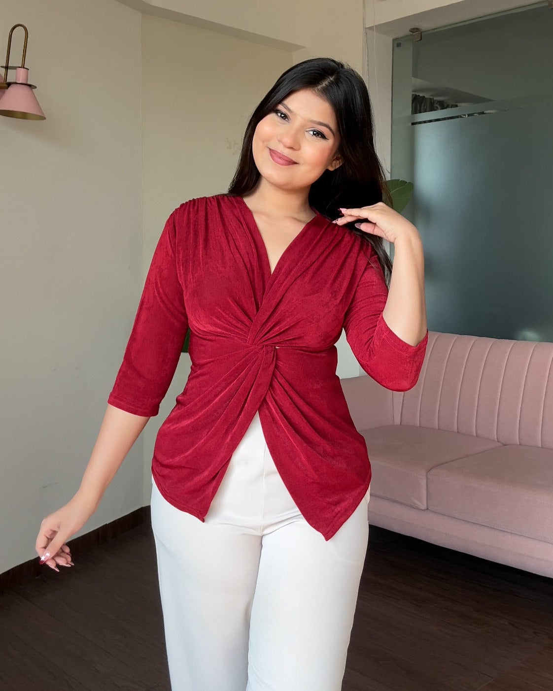 Half Sleeve Twist Knot V Neck Top