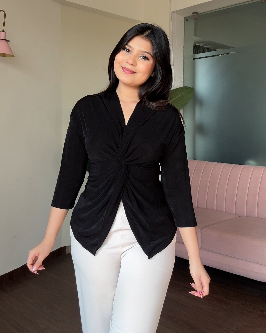 Half Sleeve Twist Knot V Neck Top
