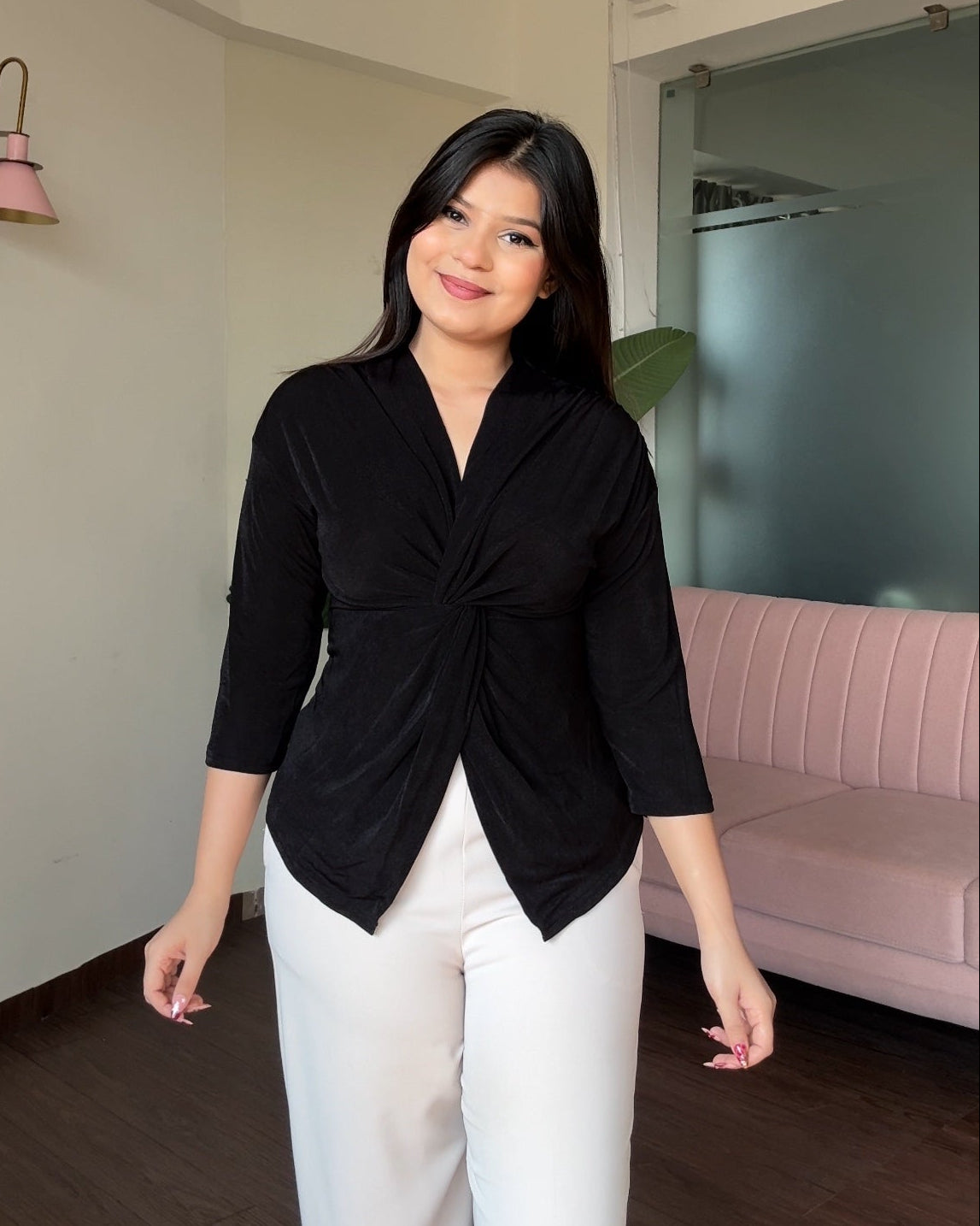 Half Sleeve Twist Knot V Neck Top