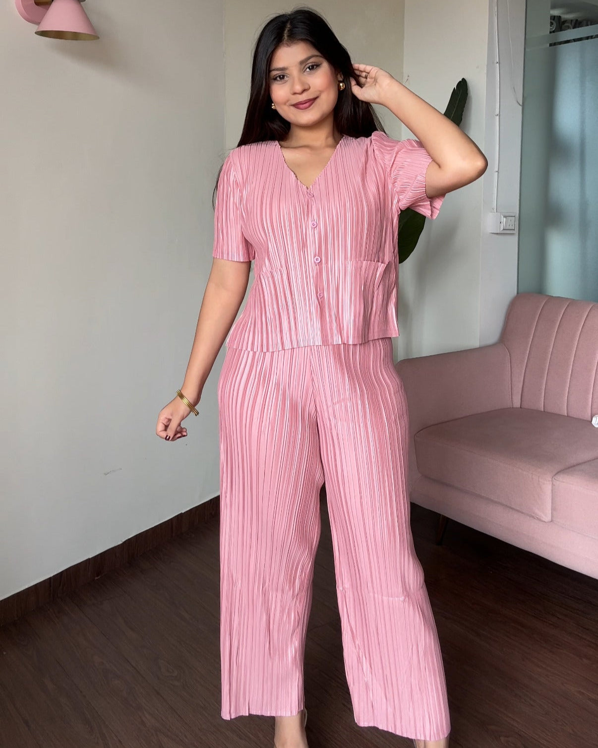 Half Sleeve Wrinkle Magic Fabric Co-ord Set