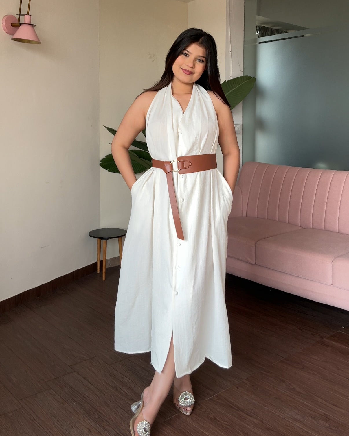 Halter Neck Belted Midi Dress