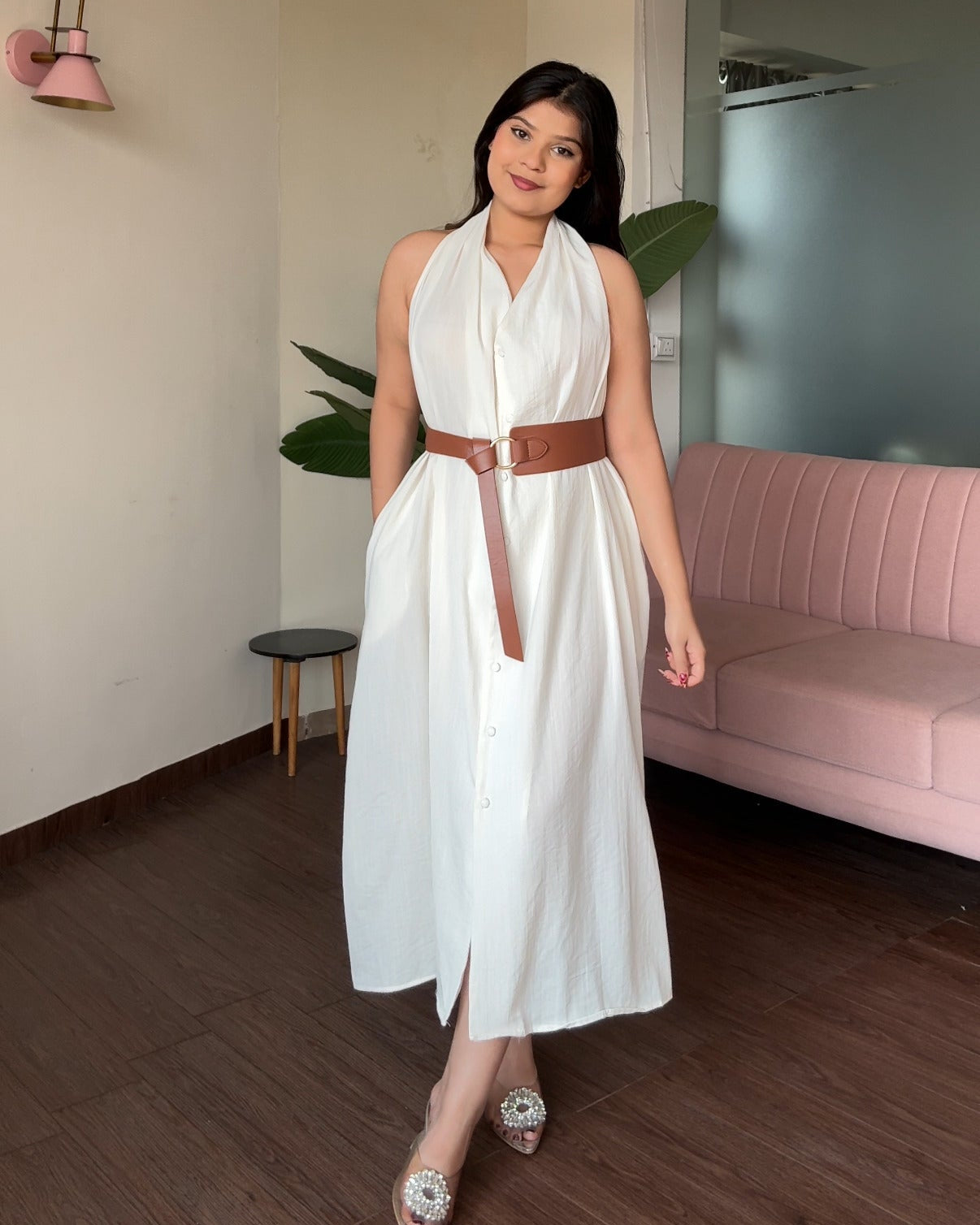 Halter Neck Belted Midi Dress