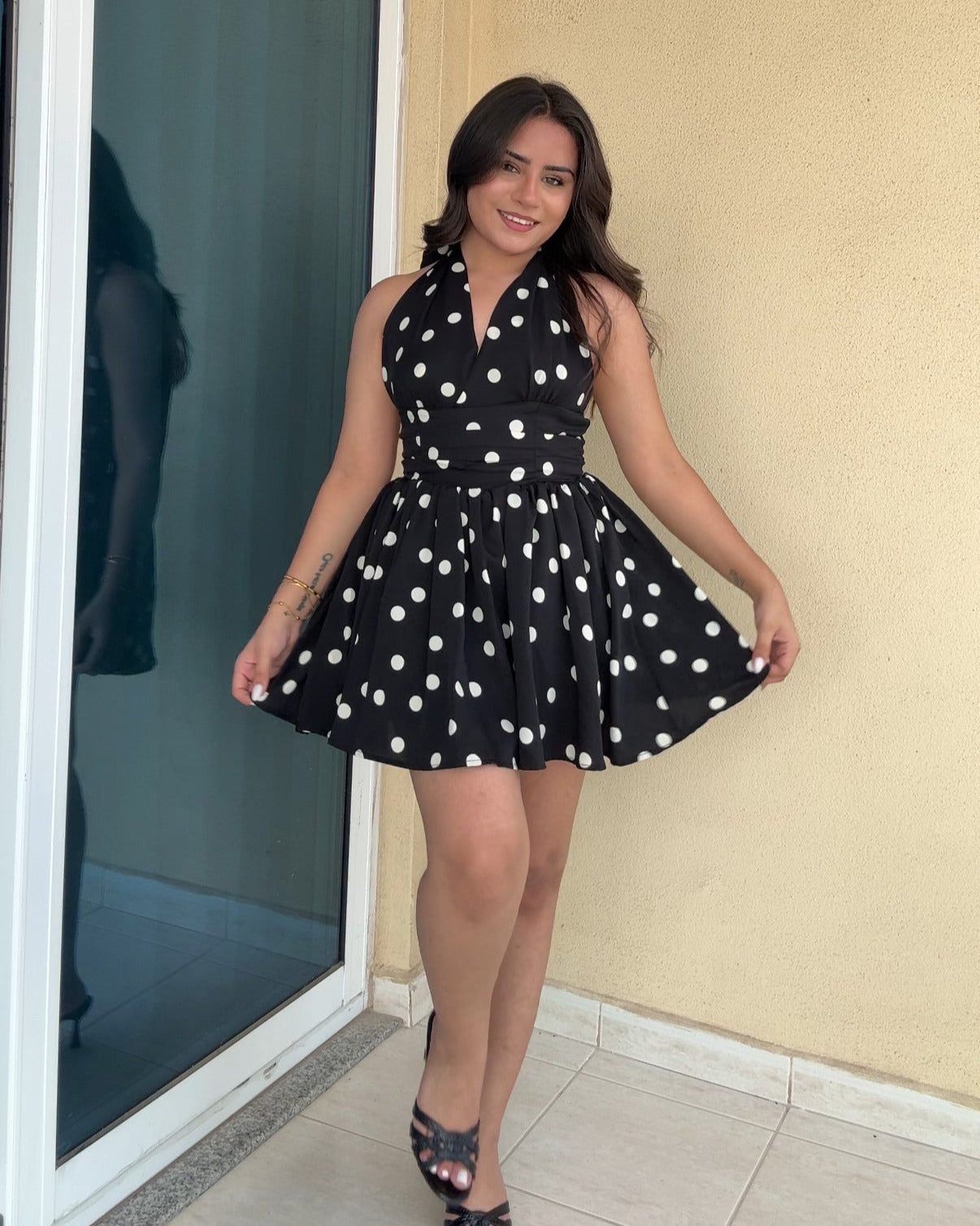 Halter Neck Polka Dot Mini Flared Dress