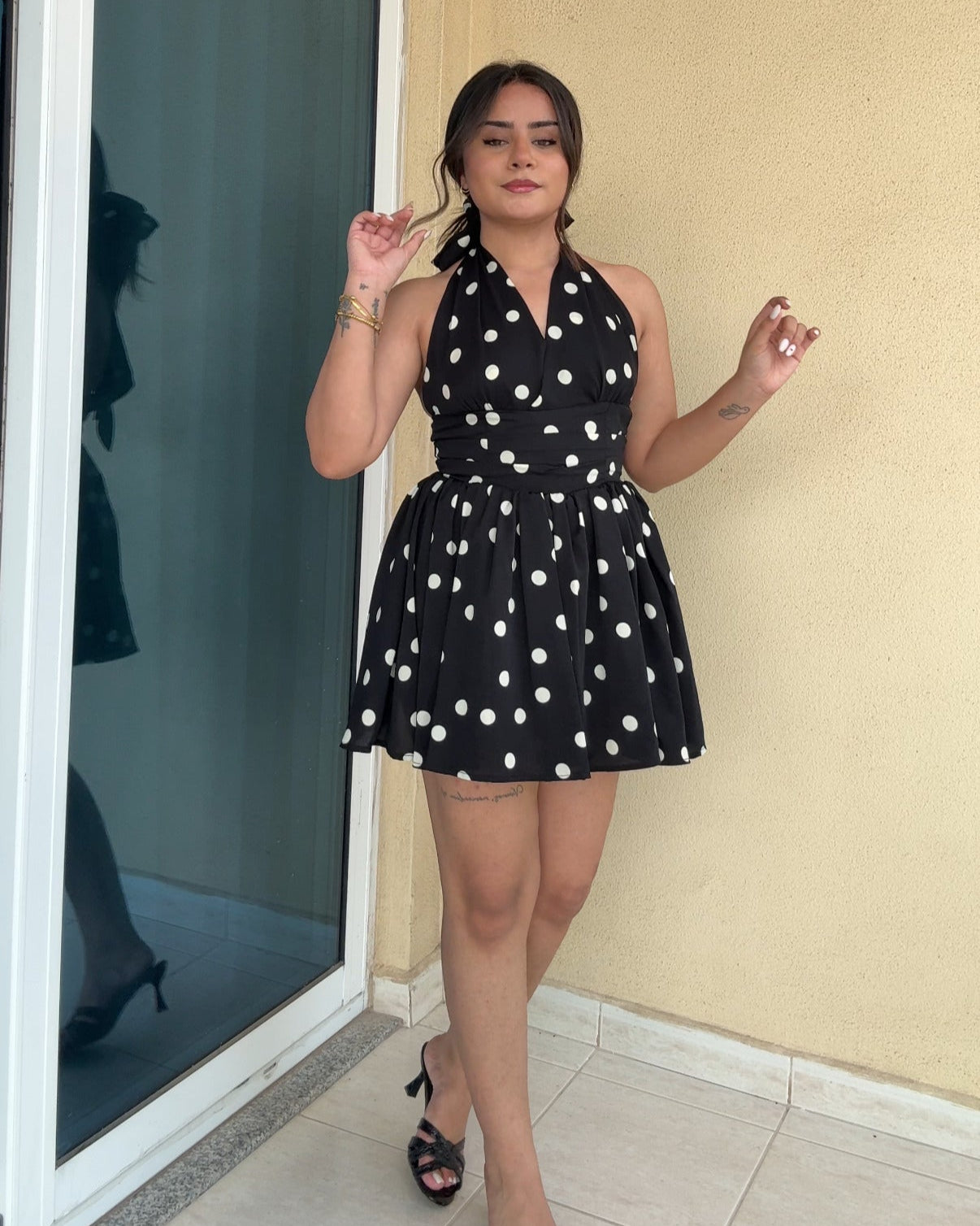 Halter Neck Polka Dot Mini Flared Dress