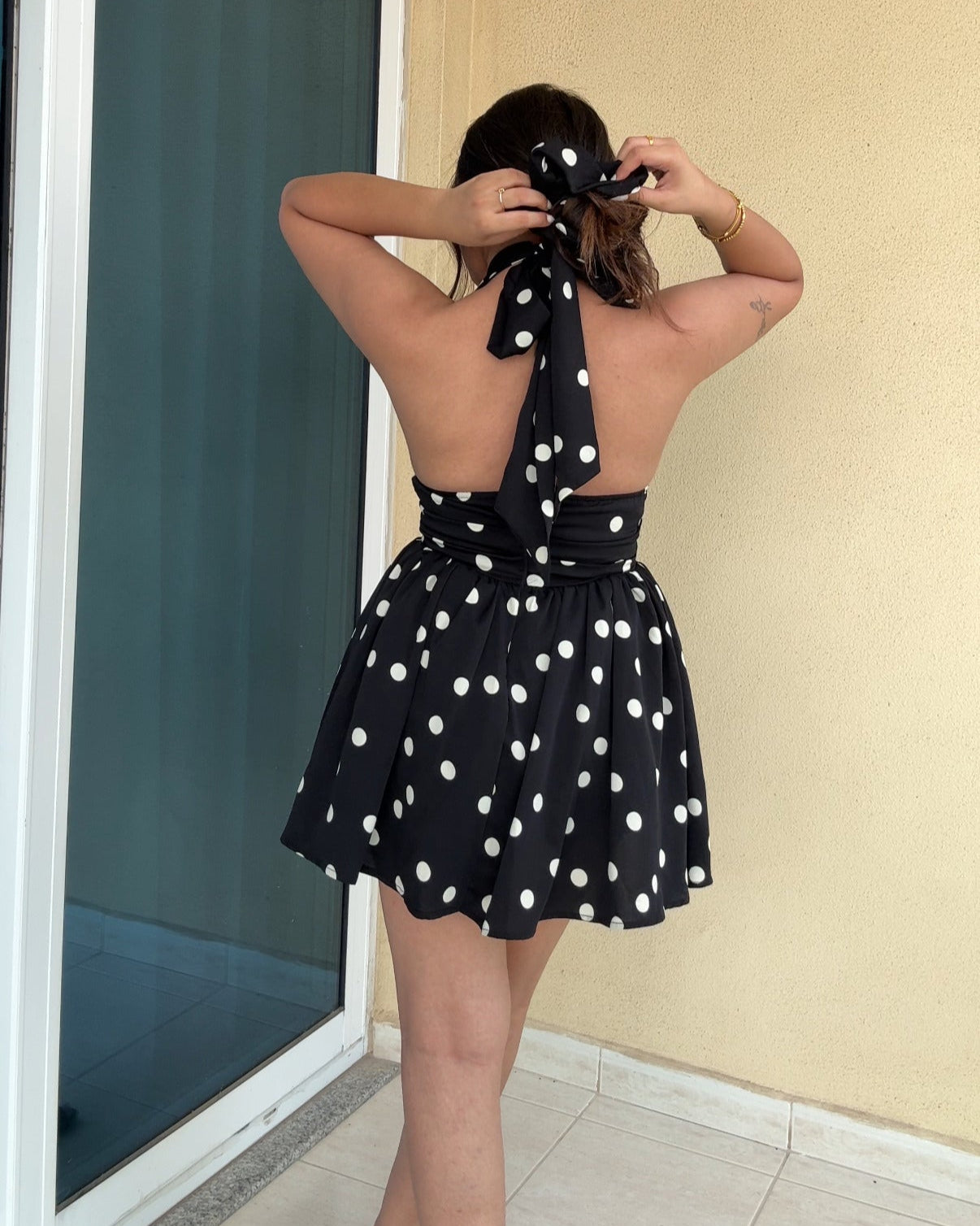 Halter Neck Polka Dot Mini Flared Dress
