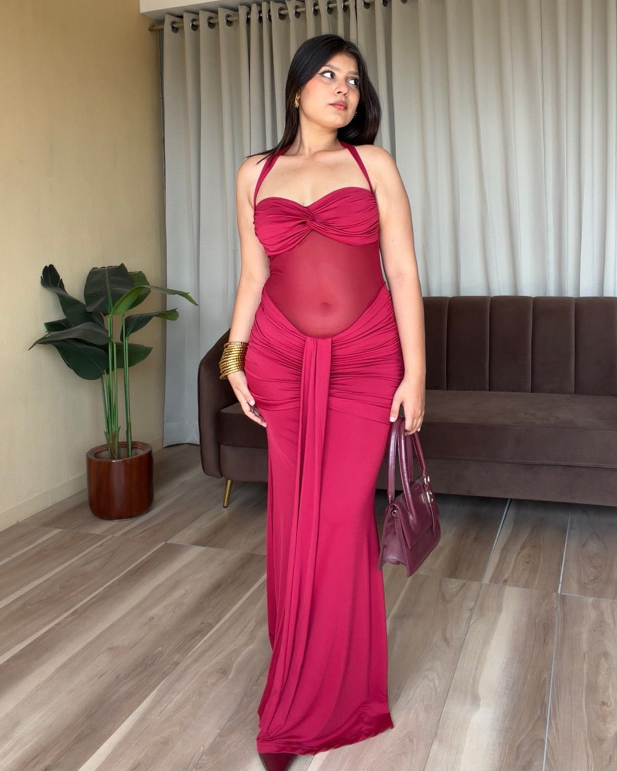 Halterneck Draped Detailing Mesh Midi Dress