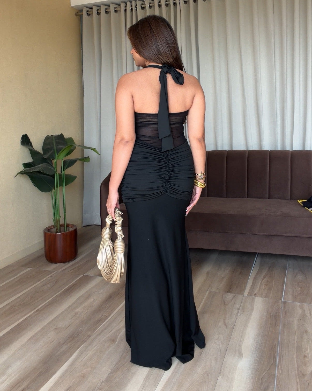 Halterneck Draped Detailing Mesh Midi Dress