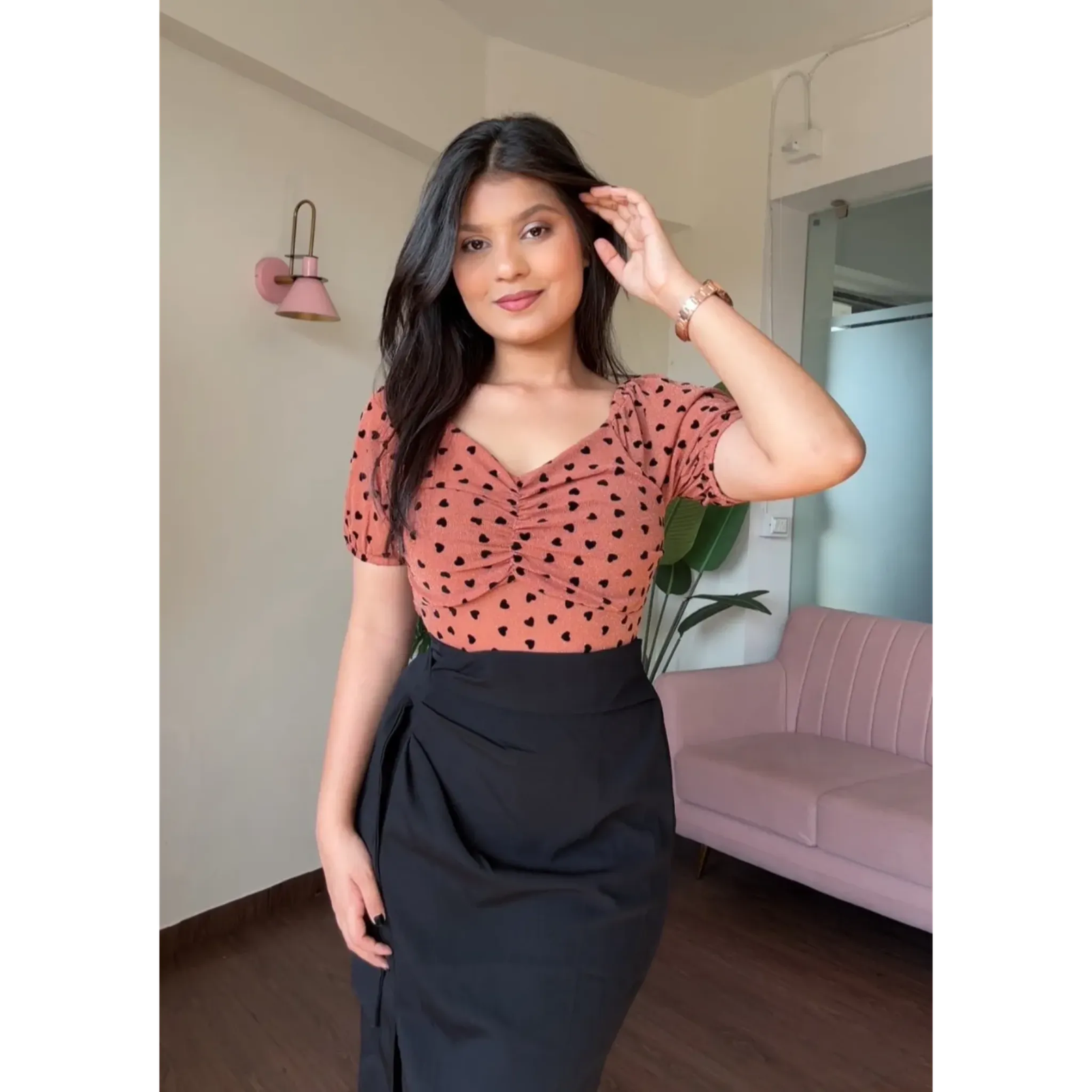 Heart Detailing Mesh Sweetheart Neck Top
