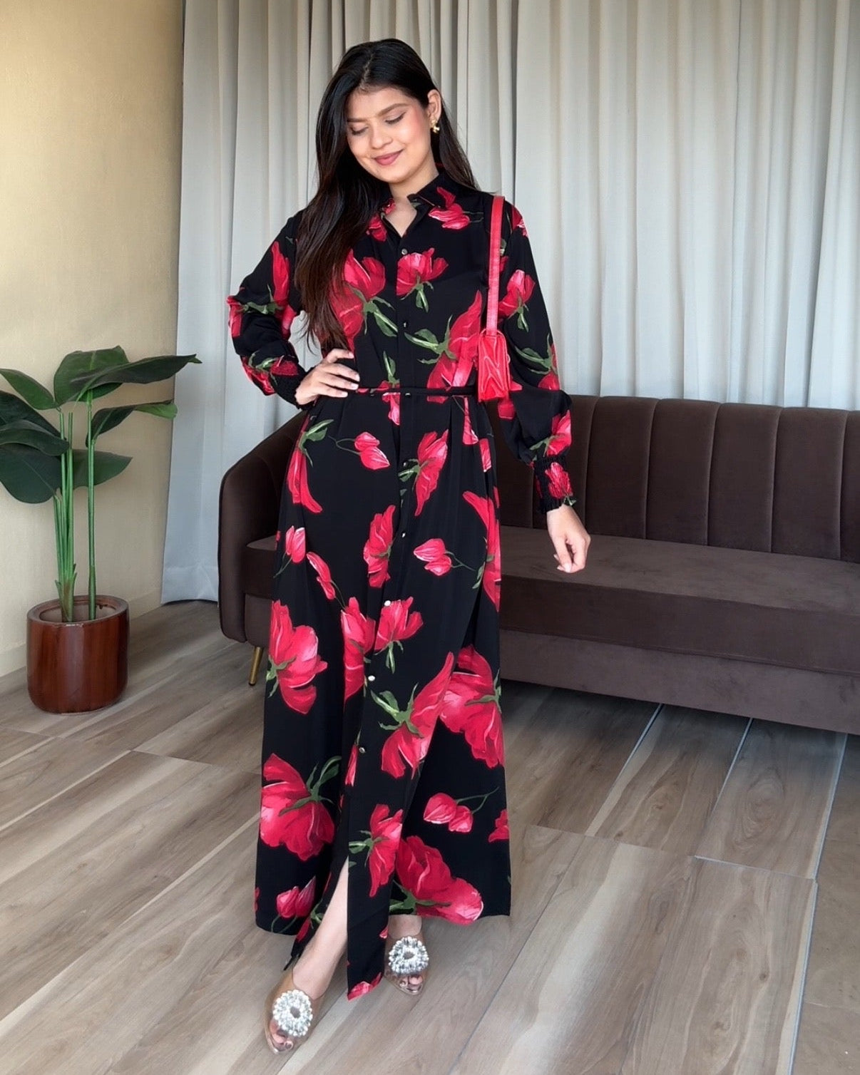 Hibiscus Printed Shirt Midi Dress With Belt
