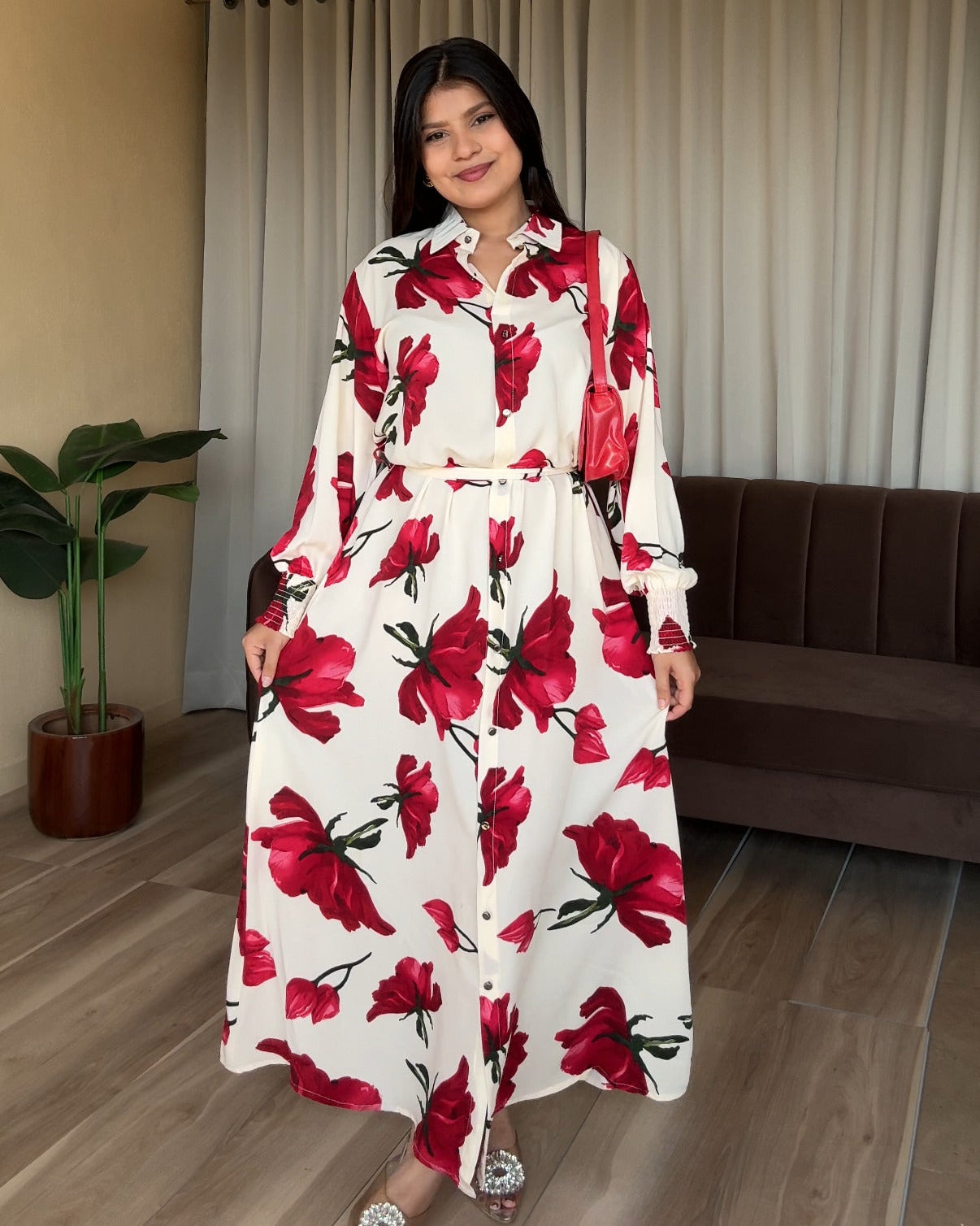 Hibiscus Printed Shirt Midi Dress With Belt