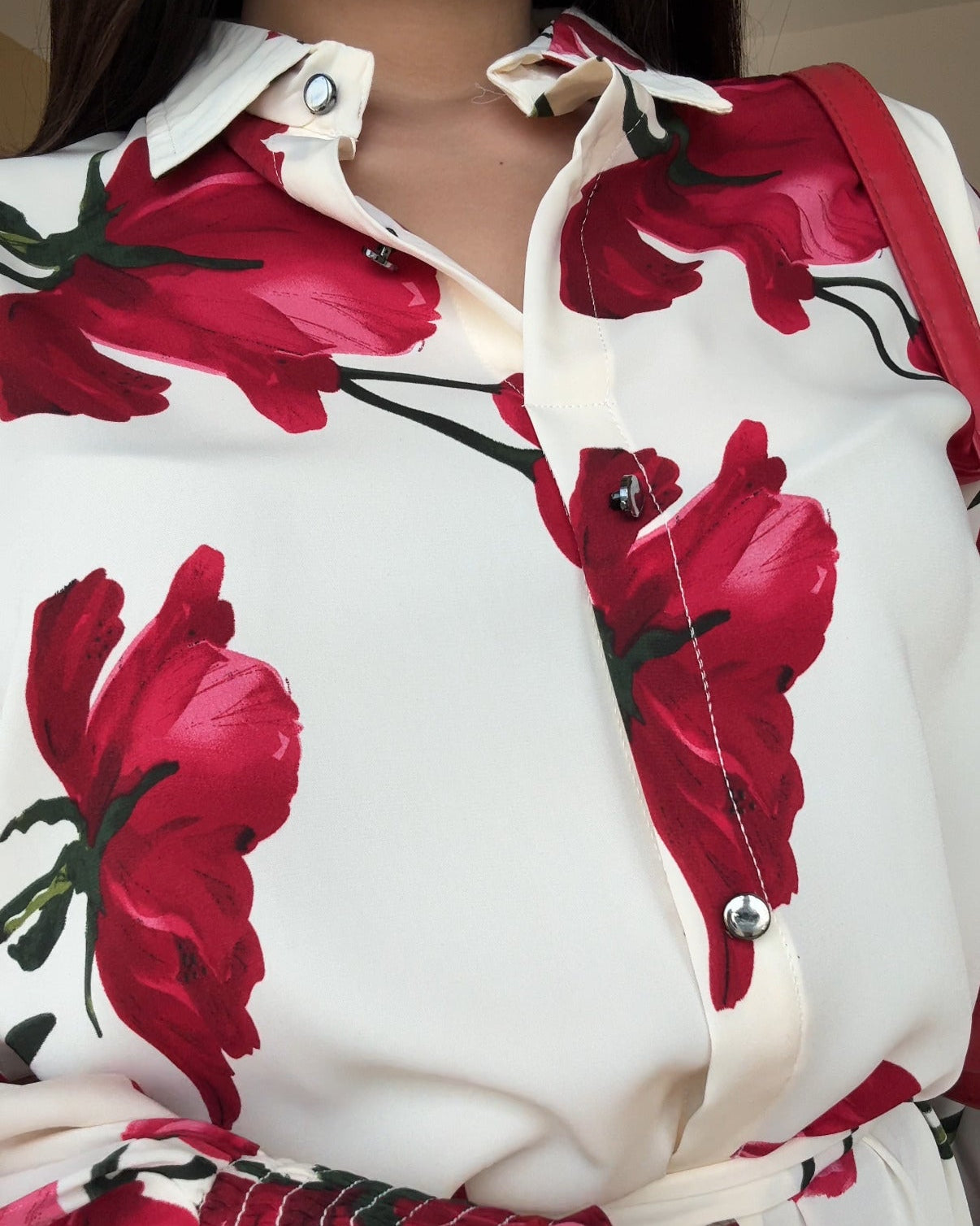 Hibiscus Printed Shirt Midi Dress With Belt