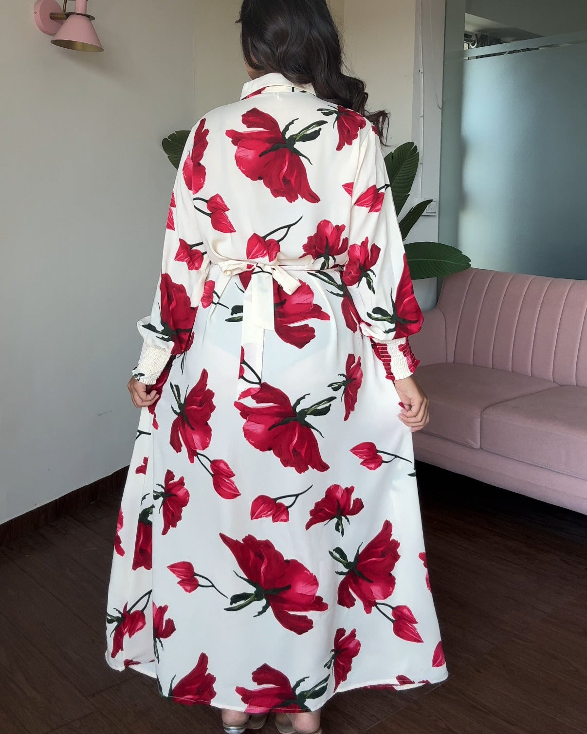 Hibiscus Printed Shirt Midi Dress With Belt