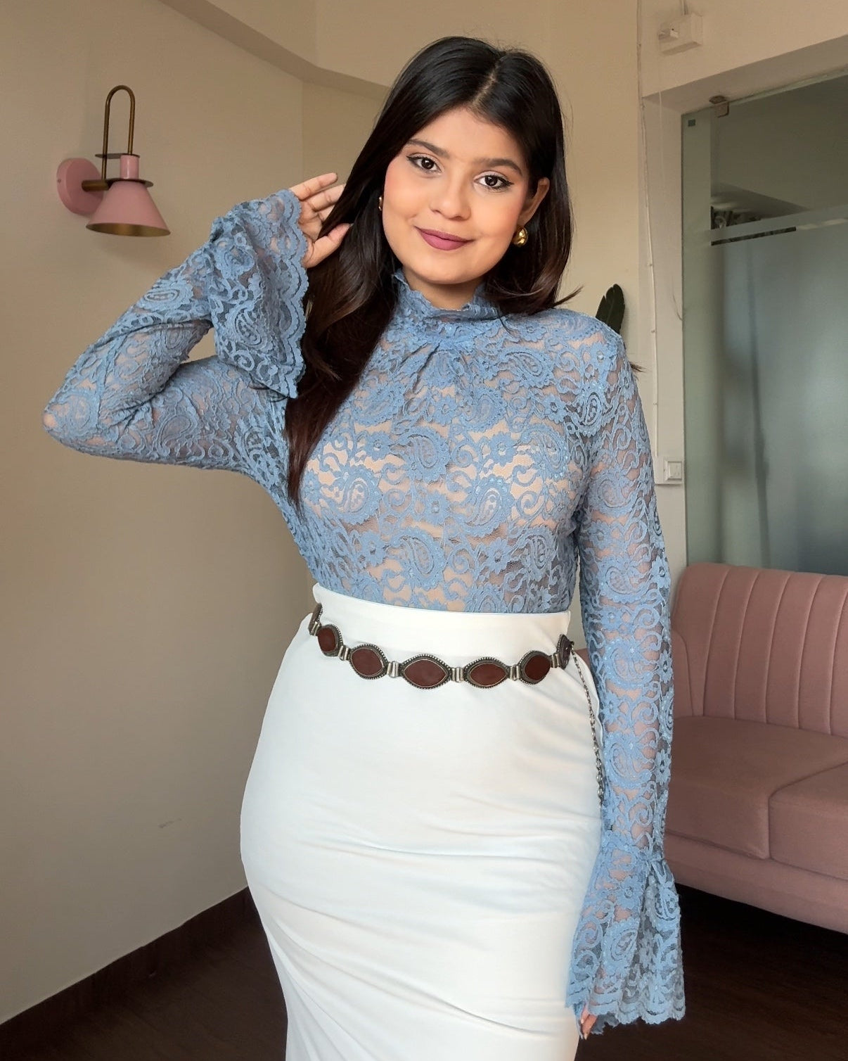 High-Neck Sheer Lacy Bell Sleeve Top